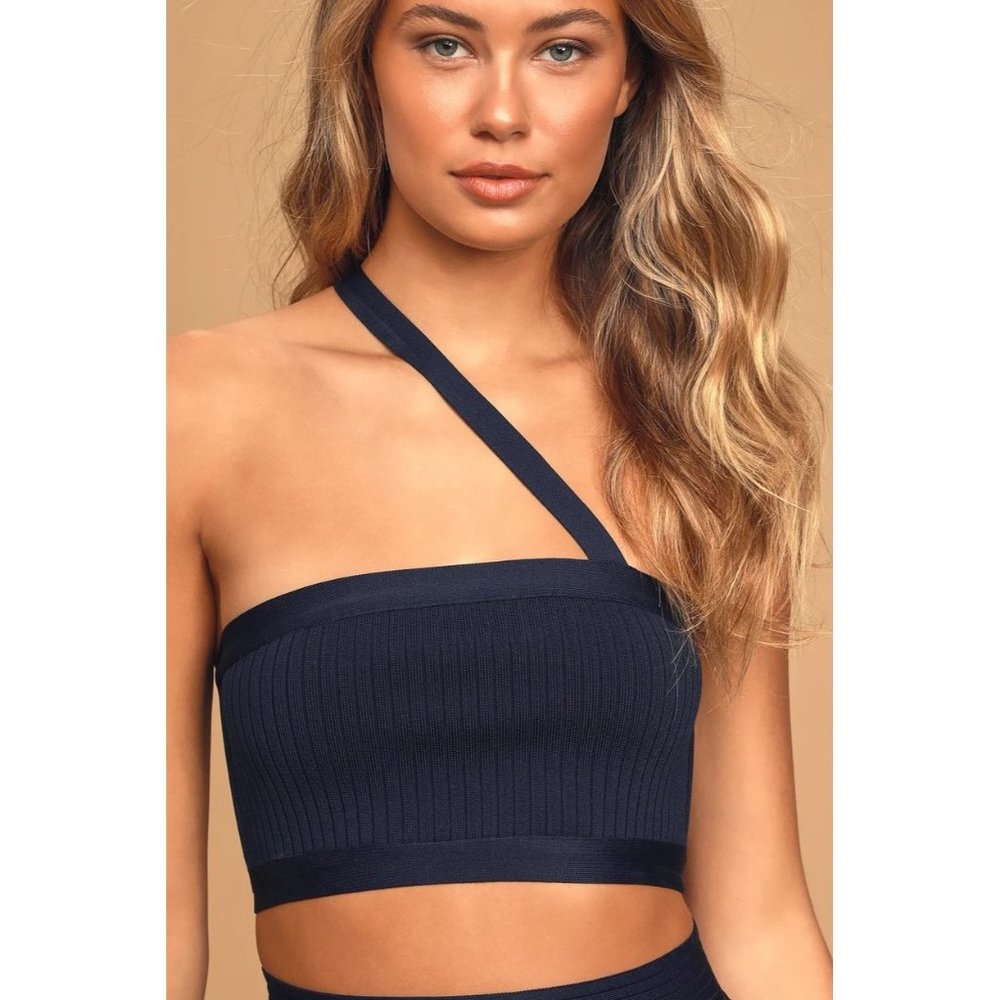 Dance Hall Navy Blue One-Shoulder Two-Piece Bodycon Midi Dress